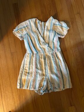 Madewell Striped Cotton Wrap Romper in White with Pastel Stripes